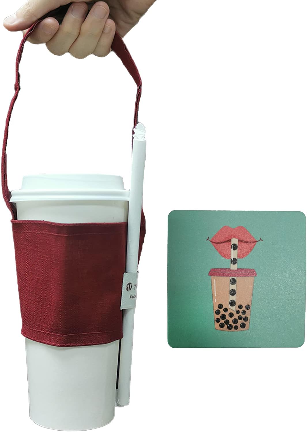 Hands-Free Coffee & Boba Cup Carrier Strap & Straw Loop (2 Pcs Set) (Teal)