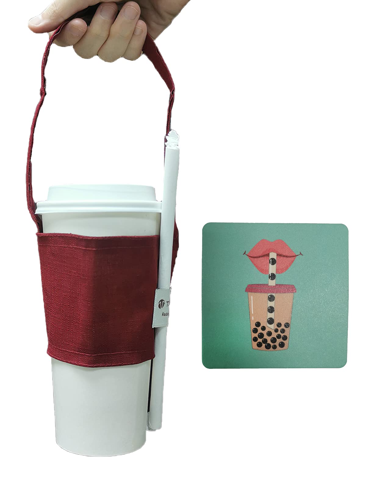 Portable Coffee &amp; Boba Cup Holder Strap (2 Pcs Set) (Wine Red)