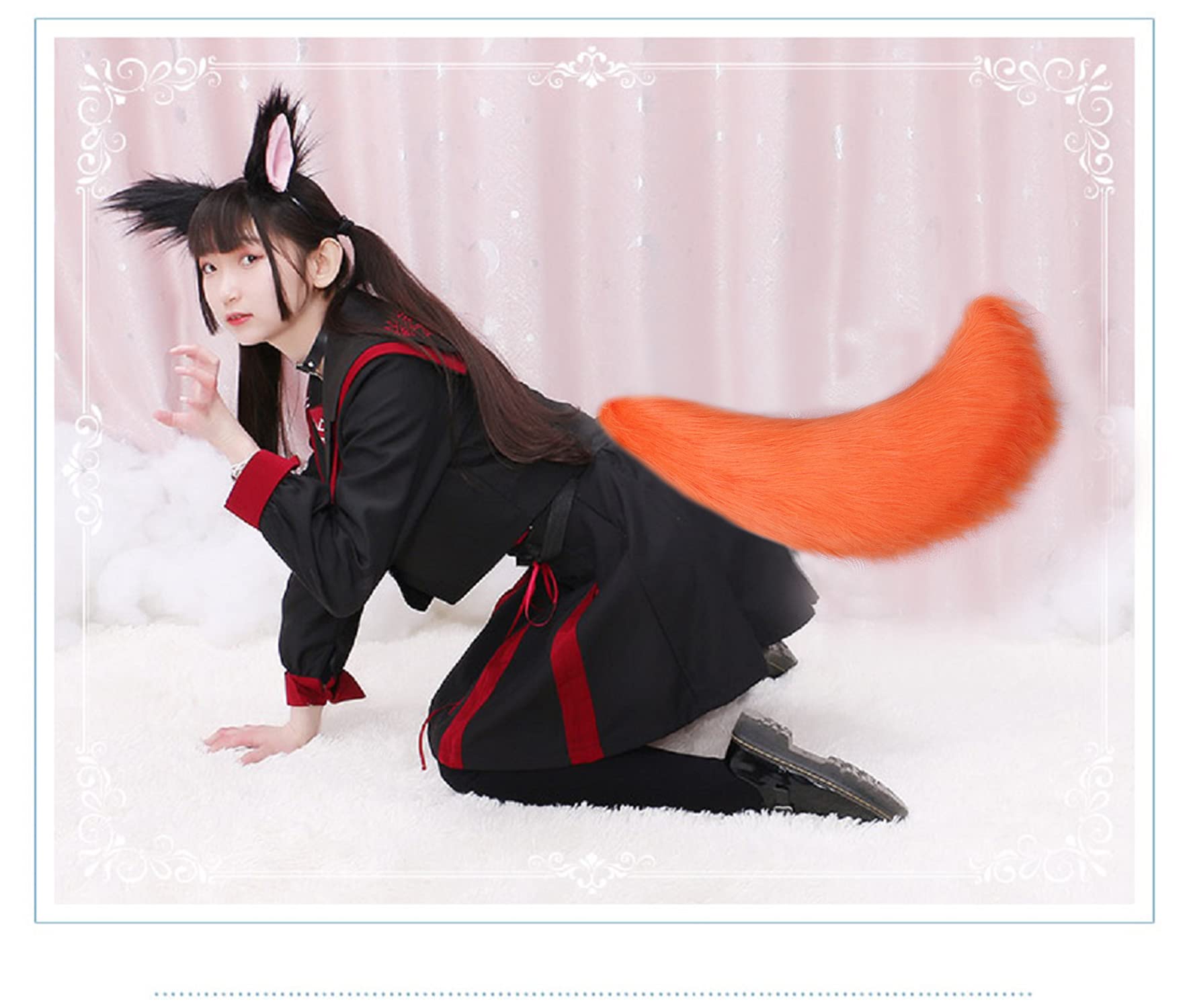 Fxaelian Faux Fur Animal Big Tail Fox Cat Dog Wolf Tail Set Halloween Cosplay Party Costume Accessory: Orange