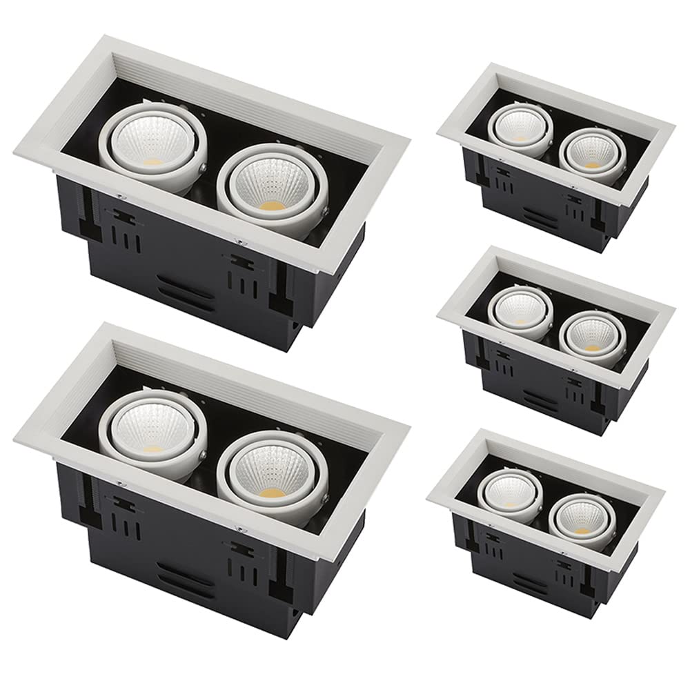 GTHTUHFD Pack Of 5,Led Rectangle Multiple Gimbal Can Lights Recessed Ceiling Light-2 Heads Rotatable Eyeball Downlight Adjustable Angle Wafer Light 14/24/40/60W,2 * 12w-5000k