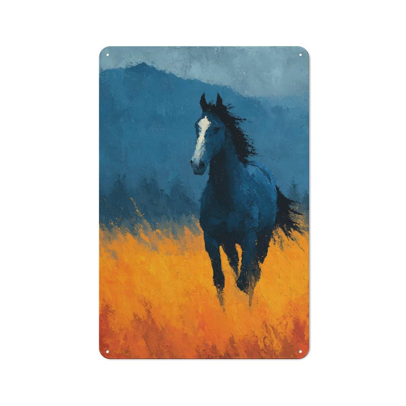 Tin Wall Plaque 30x20cm with Blue Horse Running Through Golden Field for Garage Wall, for Collectors of Retro Metal Wall Decor