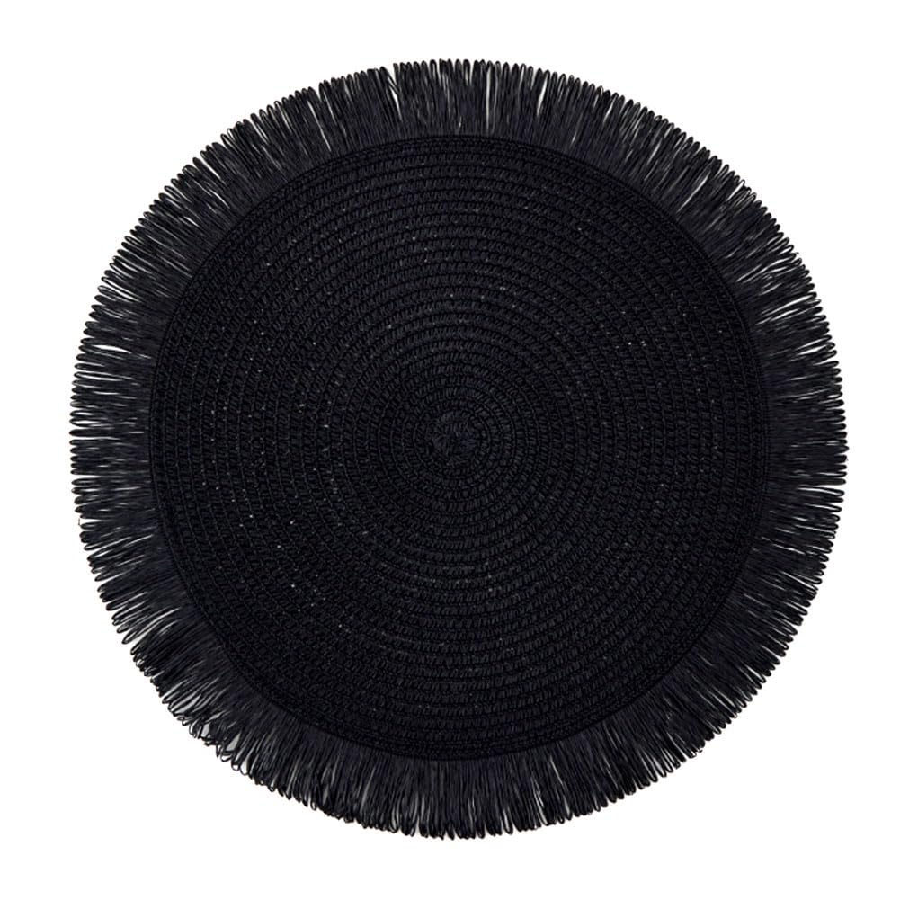 Scf2017 Black Round Woven Paper Straw Placemats With Tassels 38Cm Table Mats,Set Of 4,