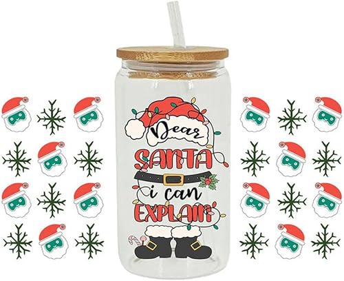 Adhesivos de transferencia de vasos UV DTF, calcomanías temáticas de Navidad para tazas de vidrio, UV Dtf frotar en transferencias para