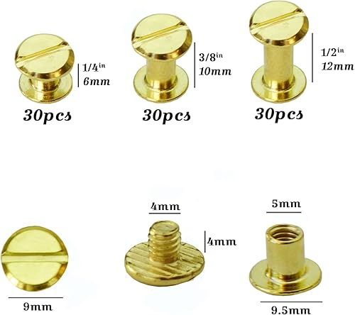 Miniatura 8 de YMAISS 90 juegos de tornillos Chicago de 3 tamaños de 14, 38, 12 pulgadas, tornillos para encuadernación, tornillos de fijación de botón de Chicago,