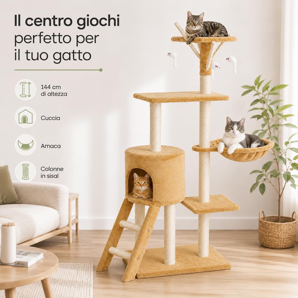 BAKAJI Rascador para Gatos, árbol de sisal, Parque de Juegos, para Gatos, rascador de Columna, Altura 144 cm (Beige)