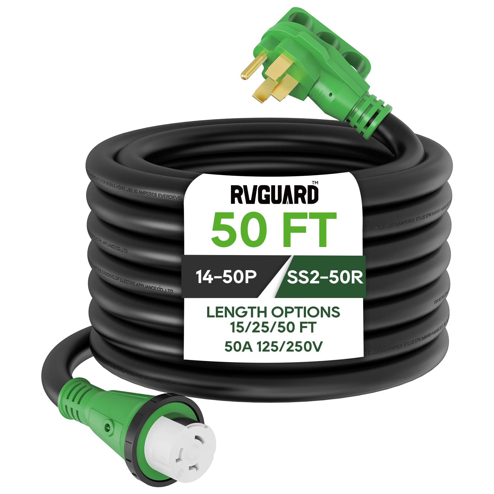 RVGUARD 50 Amp 50 Foot RV Power Cord, 14-50P to SS2-50R Generator