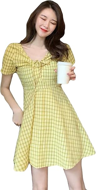 Amazon Co Jp Aozuoレディース ワンピース ミニ丈 チェック柄 チュニック リボン ｖネック Aラインスカート ハイウエスト 美脚 韓国風ドレス デート お出掛け ミニスカート 半袖 夏 オシャレイエロー 服 ファッション小物
