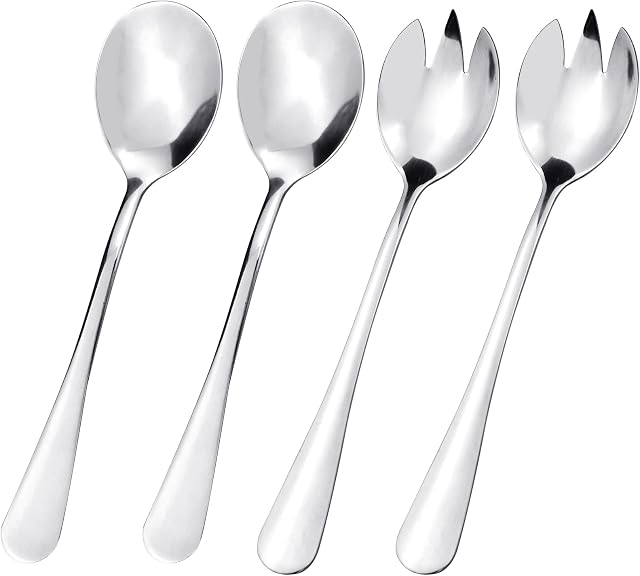 wocpvm 4 PCS Stainless Steel Salad Servers With Salad spoon and Salad fork,Heavy Duty Salad Cutlery Set for Fruit Picnic,Mirror Polished, Silver