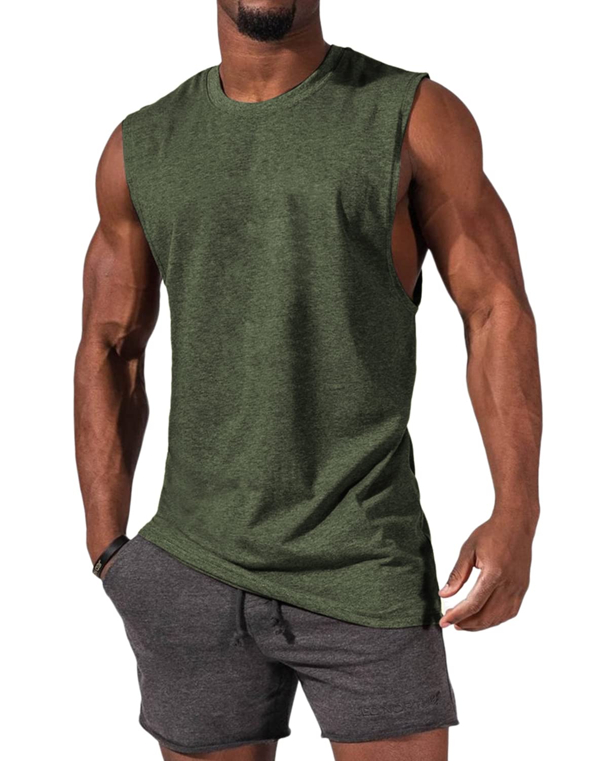 Tank Top Herren Ärmelloses Muskelshirts Gym Sport Unterhemd Männer Rundhals T Shirt Fitness Trägershirts Tee Top für Men Armee grün 2XL