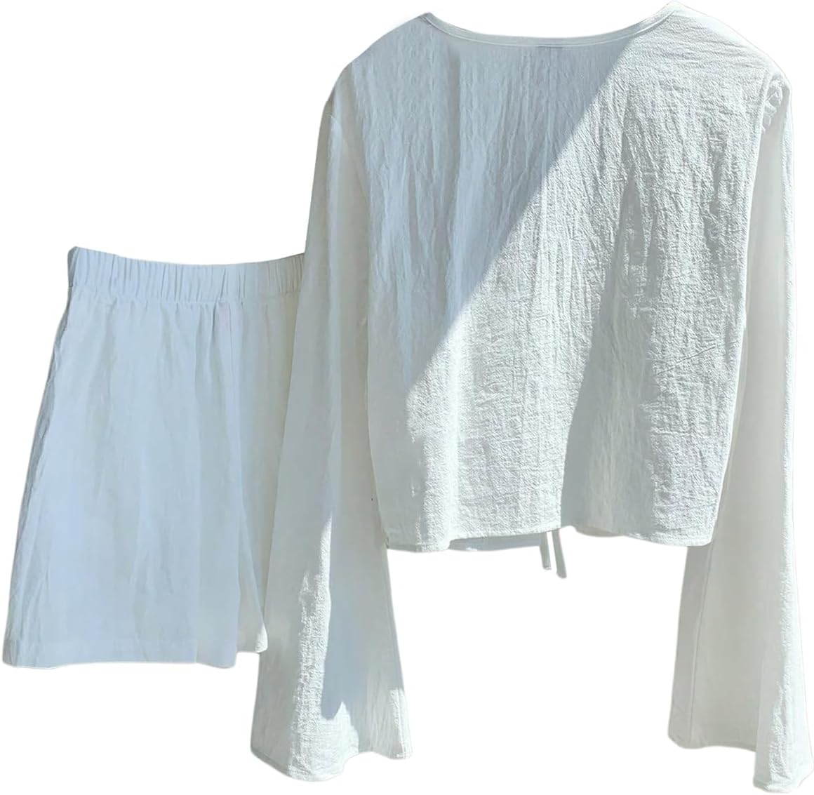 Verdusa Women's 2 Piece Boho Graphic Outfits Tie Front Long Sleeve Blouse and Shorts Clothing Sets - Image 2