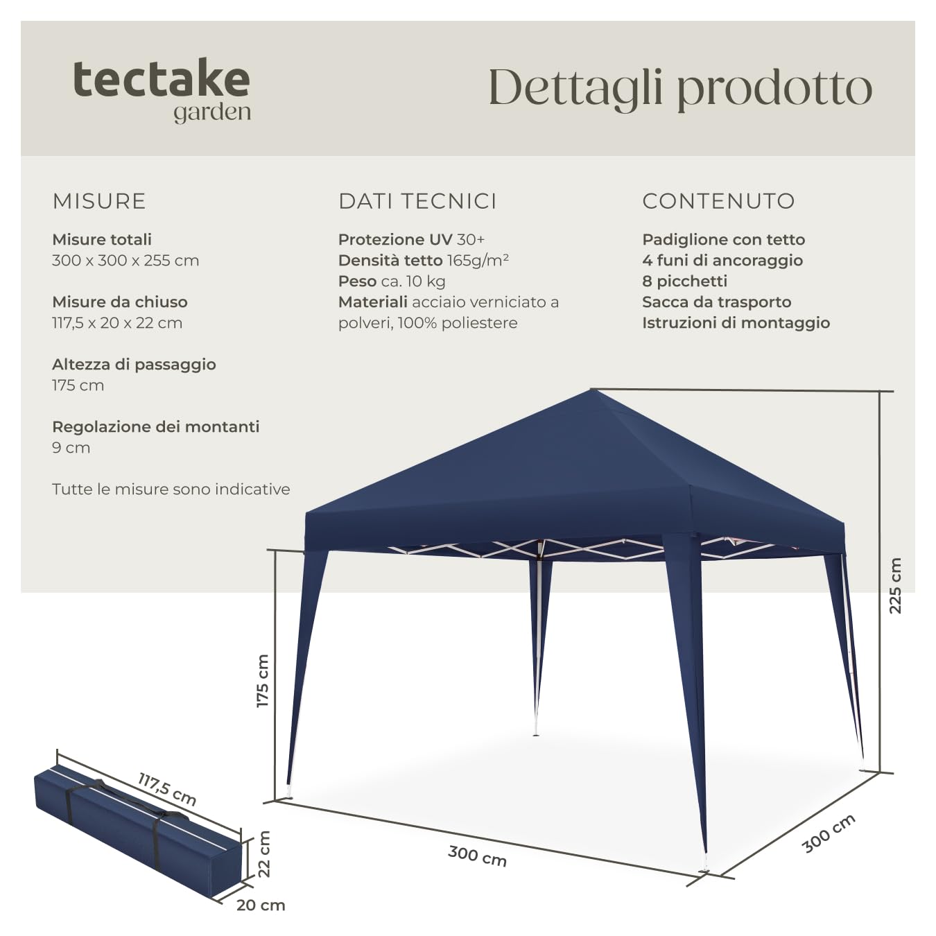 Tectake Gazebo da Giardino Regolabile 300x300x255 cm Blu - Padiglione Esterno Resistente con Telaio in Acciaio, Idrorepellente, UV
