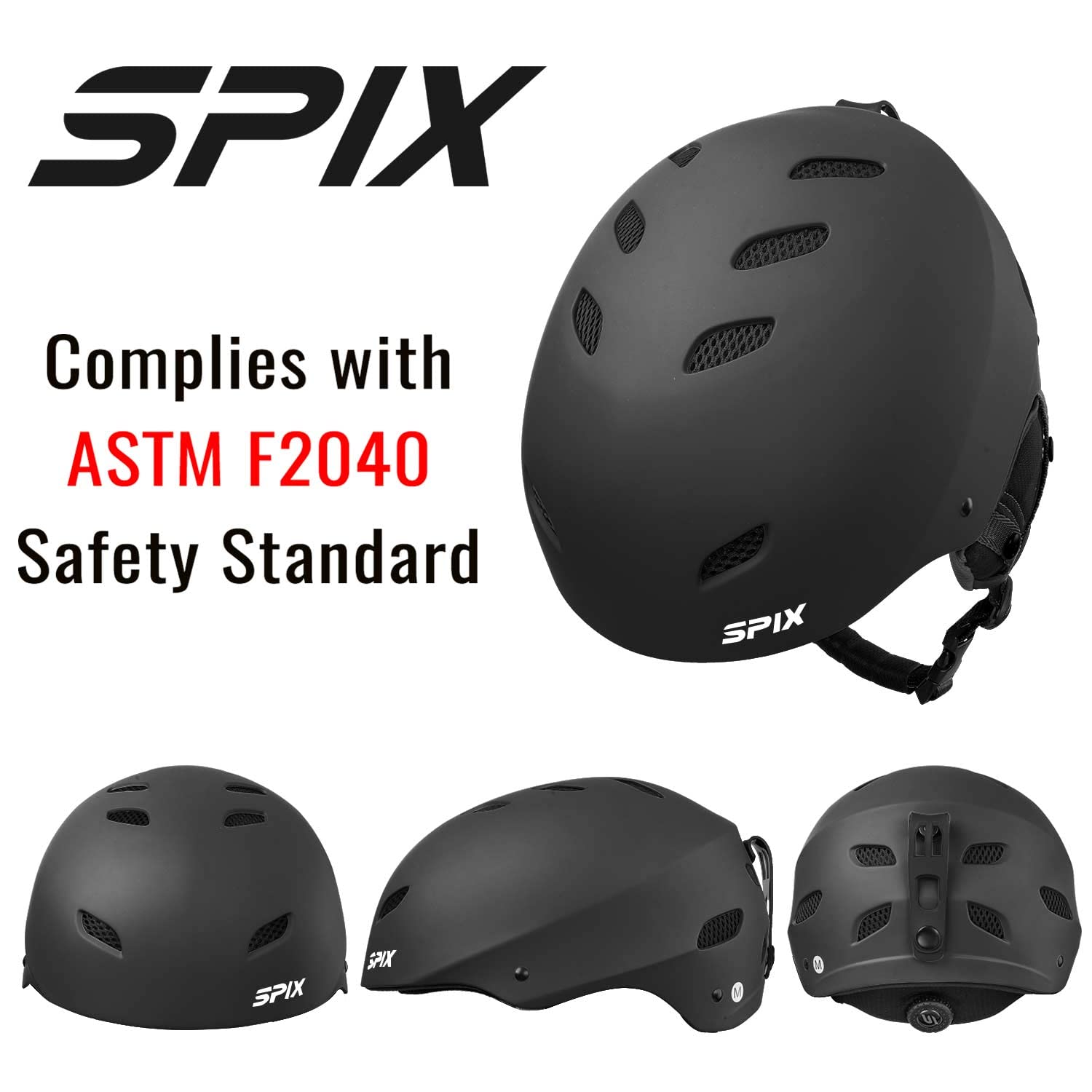 SPIX Ski Helmet Snowboard Helmet - ASTM Safety Standard Size Adjustable for Adults Youth Men and Women (L, Black)