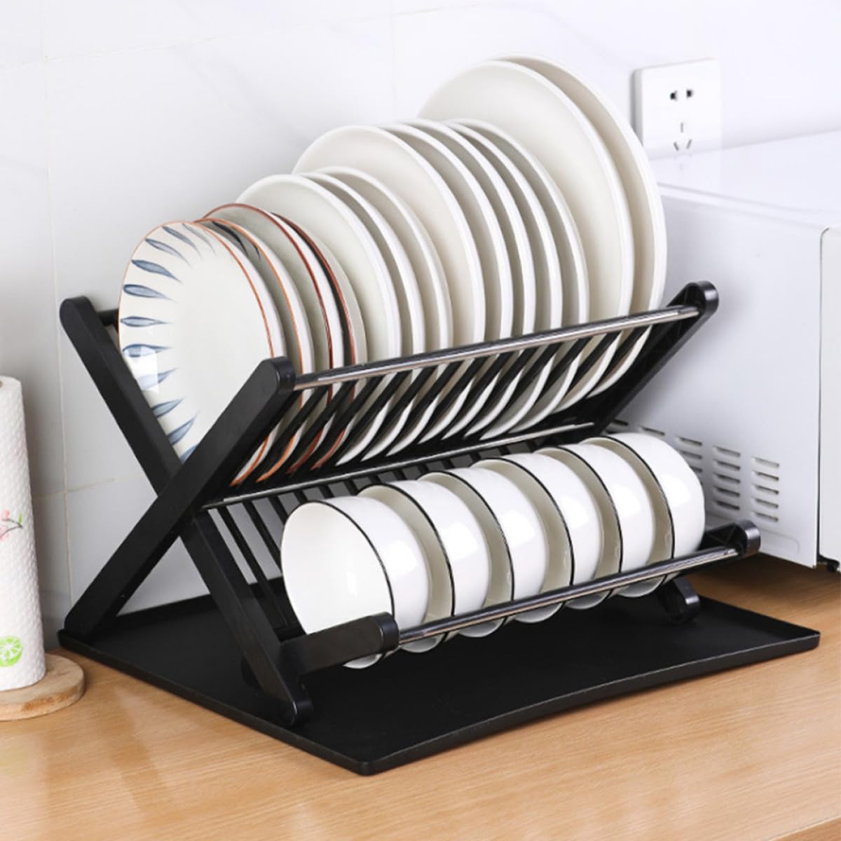 Escurreplatos plegable de gran capacidad con bandeja de goteo, soporte de secado de vajilla negro que ahorra espacio para cuencos y platos, escurridor compacto para encimera de cocina
