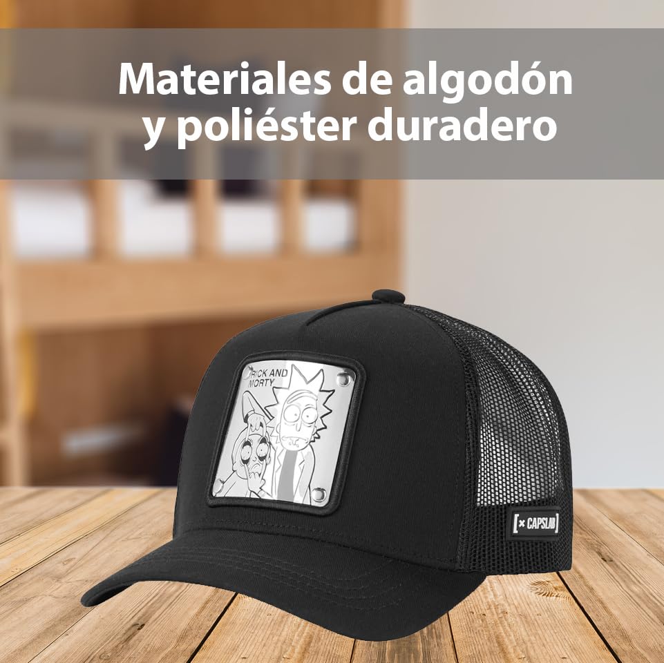Capslab Casquette Trucker Rick et Morty | Patch avant, taille unique, fermeture à pression, visière incurvée, respirante | Maille et partie avant noires | Casquette de camionneur homme et femme