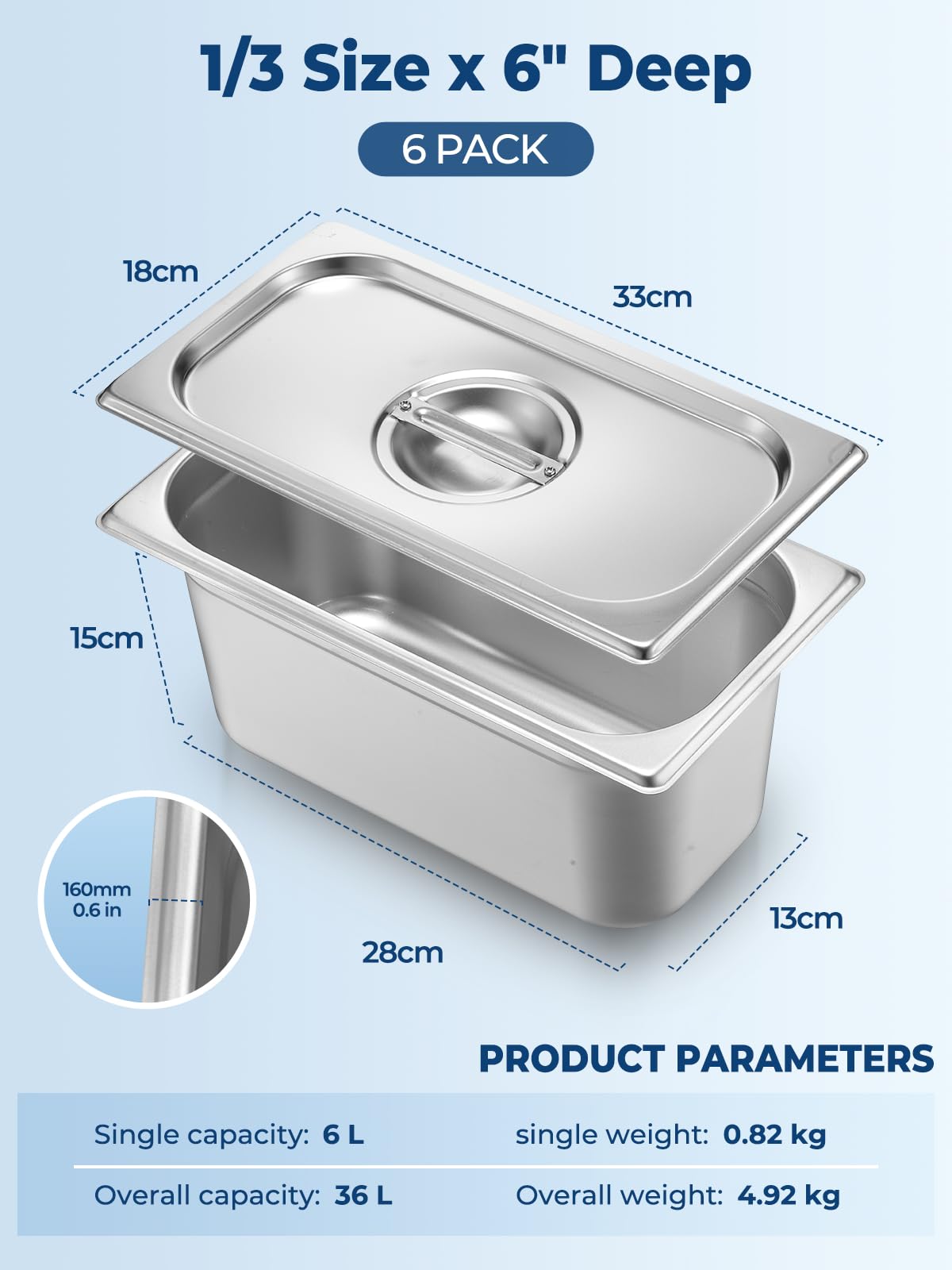 FOHERE 6 Contenitore GN 1/3, Contenitori Acciaio Inox，33x18x15 cm, Compatibile con i forni a convezione, frigoriferi, Coperchio, Teglia da Forno per Bar, Ristorante e Hotel