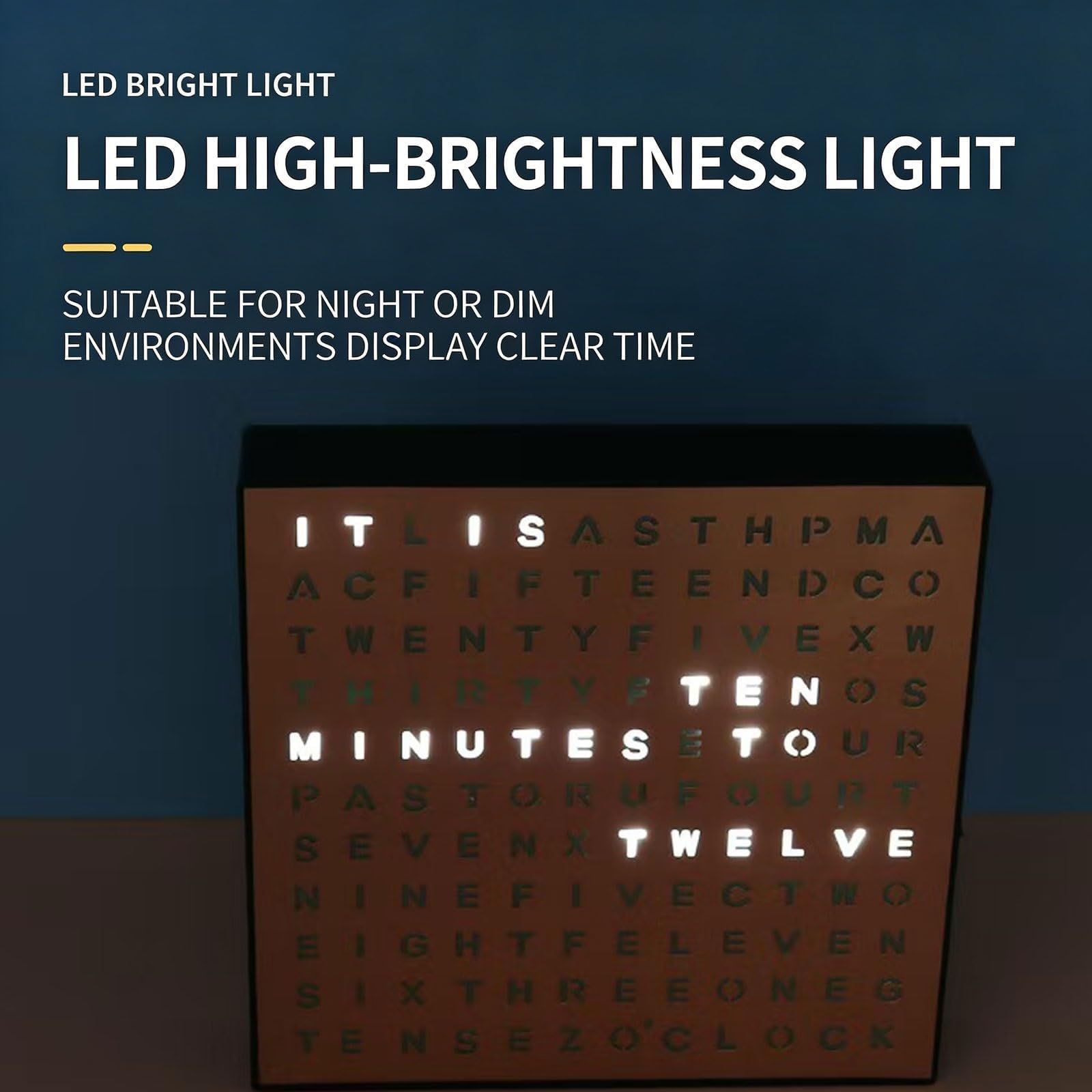 Reloj digital LED con palabras, escritorio iluminado y pantalla de pared, brillo ajustable, formato de hora moderno para decoración del hogar y la oficina