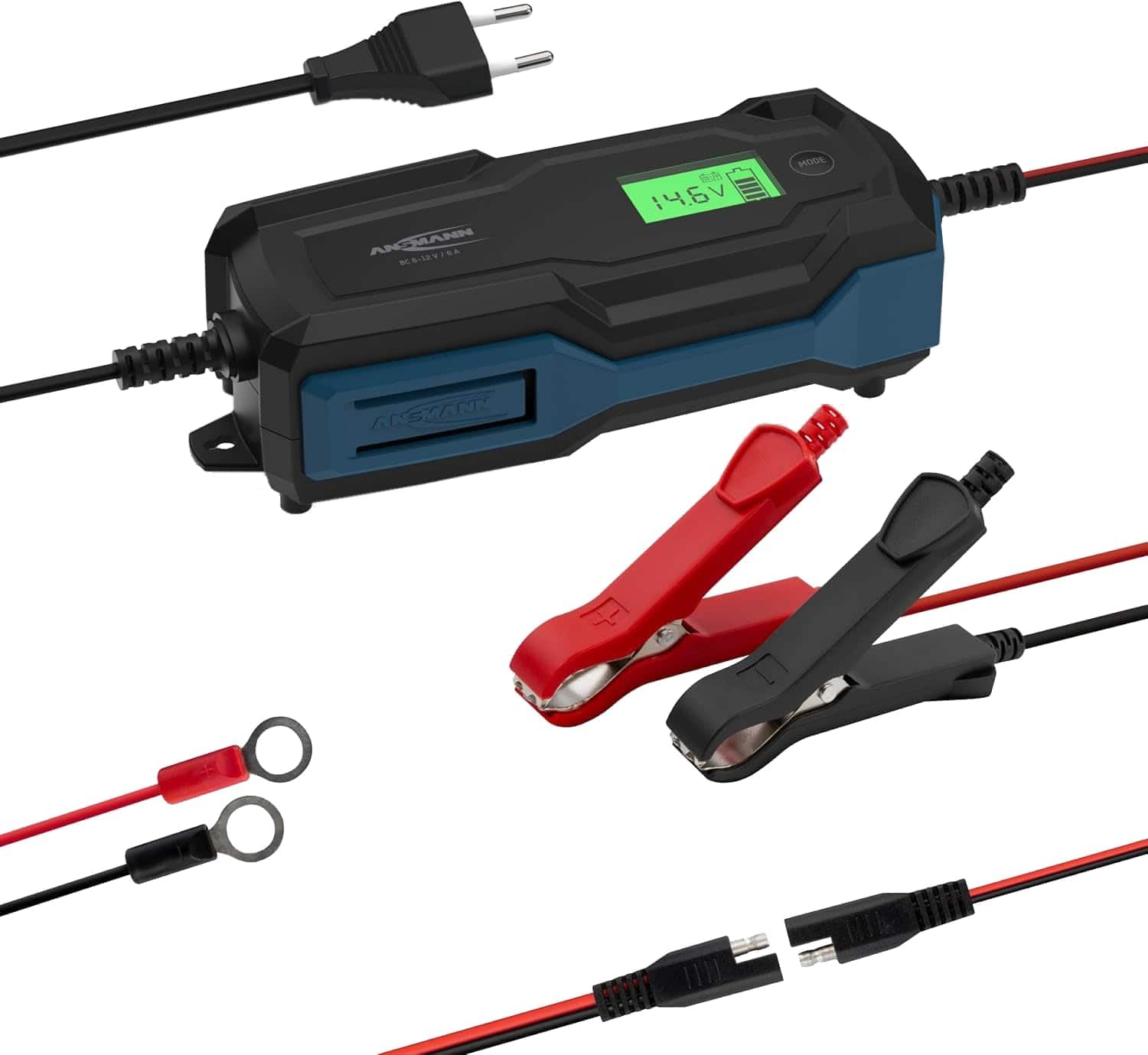 ANSMANN Cargador Inteligente de 10 Pasos 6 V 12 V/6 A con Pantalla LCD para baterías Plomo-Acido, Plomo-Gel y Plomo-Lies, así como baterías de 12 V LiFePo4 para Coche, Moto y Furgoneta