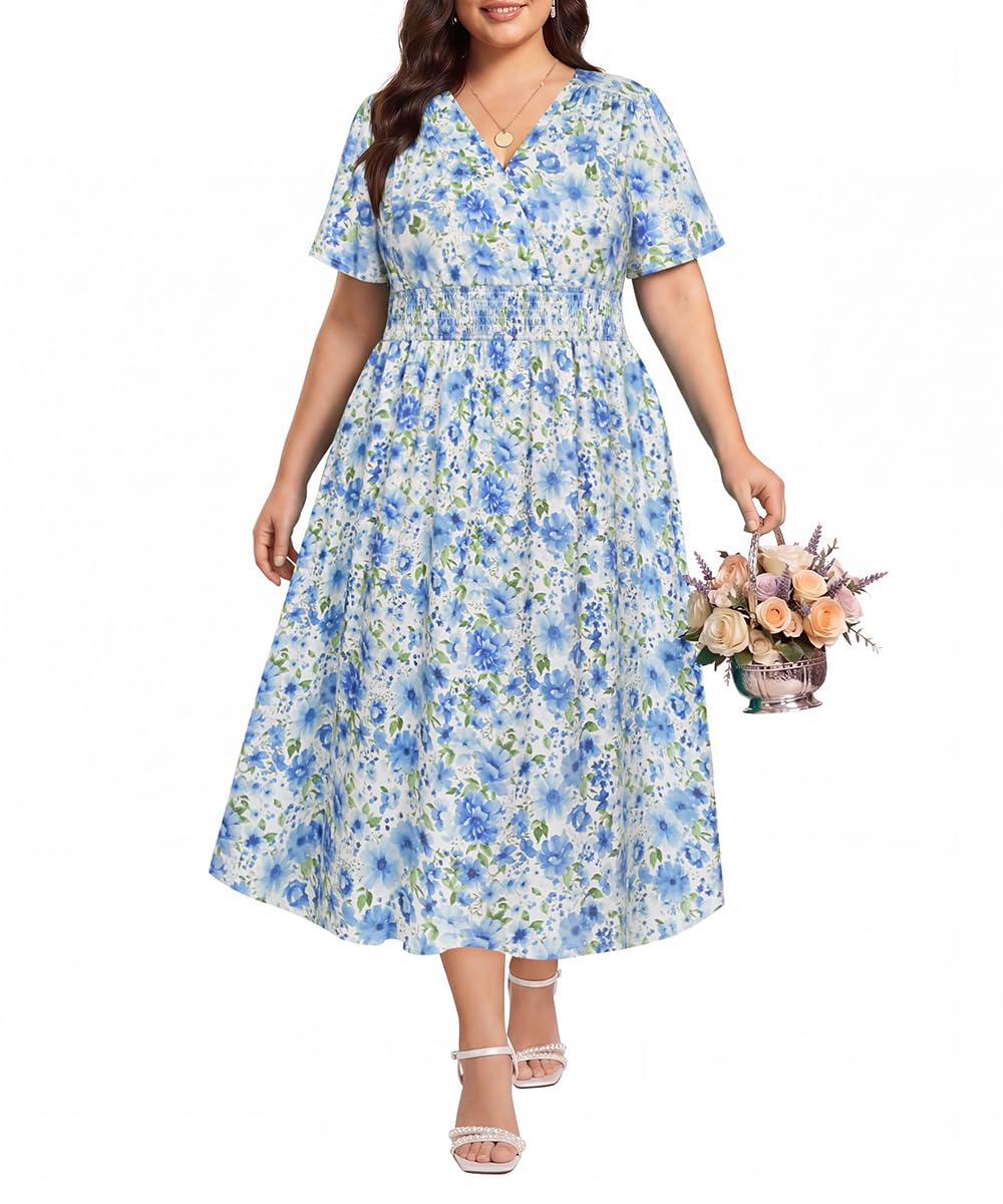 CARCOS Plus Size Dresses for Curvy Women V Neck Summer Maxi Dress Short Sleeve Floral Boho Dress Smocked Waist Beach Dress