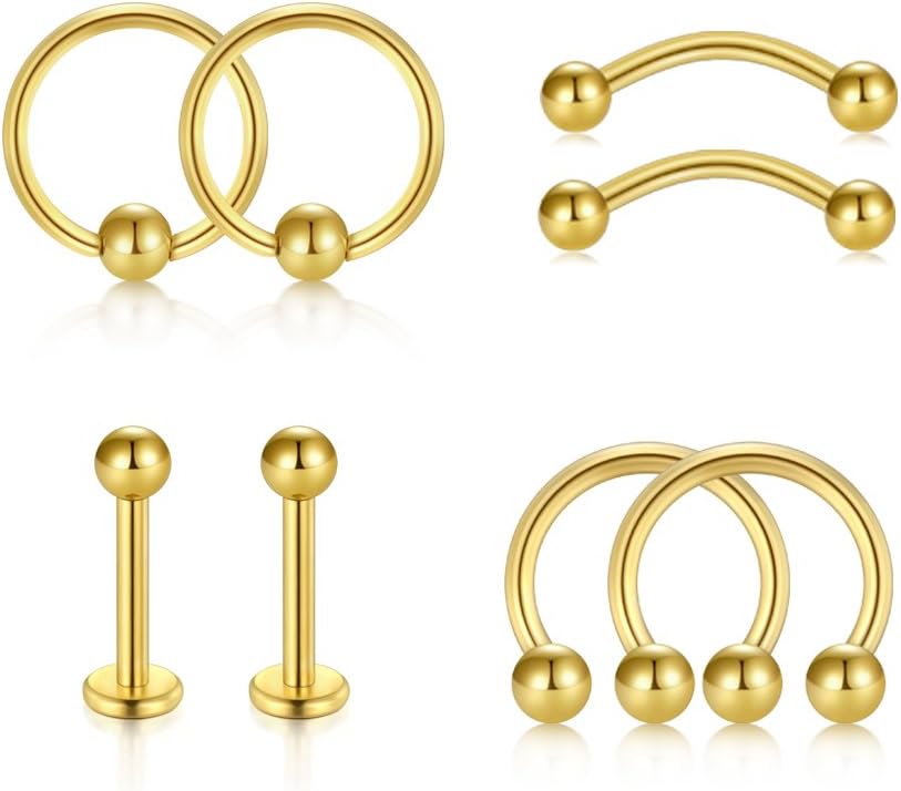 VF VFUN16G Tragus Earrings, 316L Surgical Steel Internally Threaded Lip Rings, Curved Barbell Bar Piercing, Eyebrow Rings, Cartilage Earrings