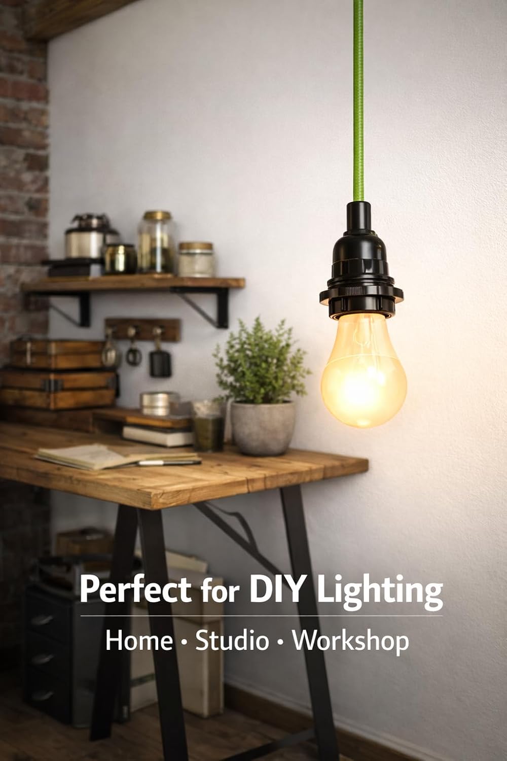 Plug-in Pendant Light Cord with Inline Switch, E26/E27 Socket, Green Braided Cable, 16.5 ft, Brass Material