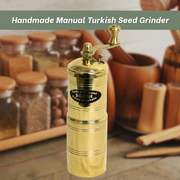 Sozen Black Seed Grinder - Handmade Manual Brass Spice Mill with Stainless Steel Conical Burr, Hand Crank Turkish Grinder for Seeds, Spices and Herbs