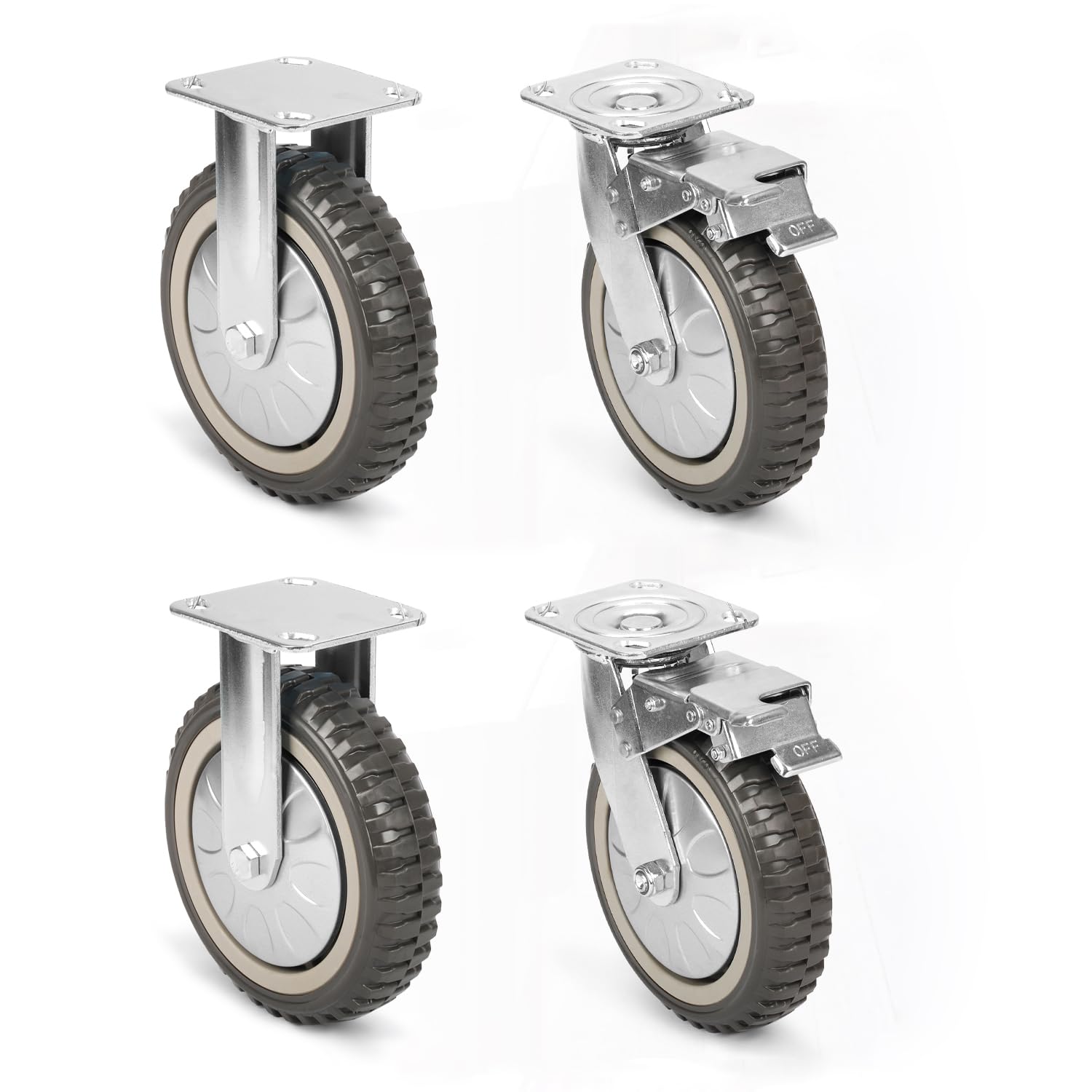 uyoyous 8 Inch Solid Caster Wheels Casters Heavy Duty Anti-Skid Polychloride Rotating Caster Wheels with 360 Degree Bearing Castors Top Plate with Brake 2 Fixed,1760 lbs Capacity