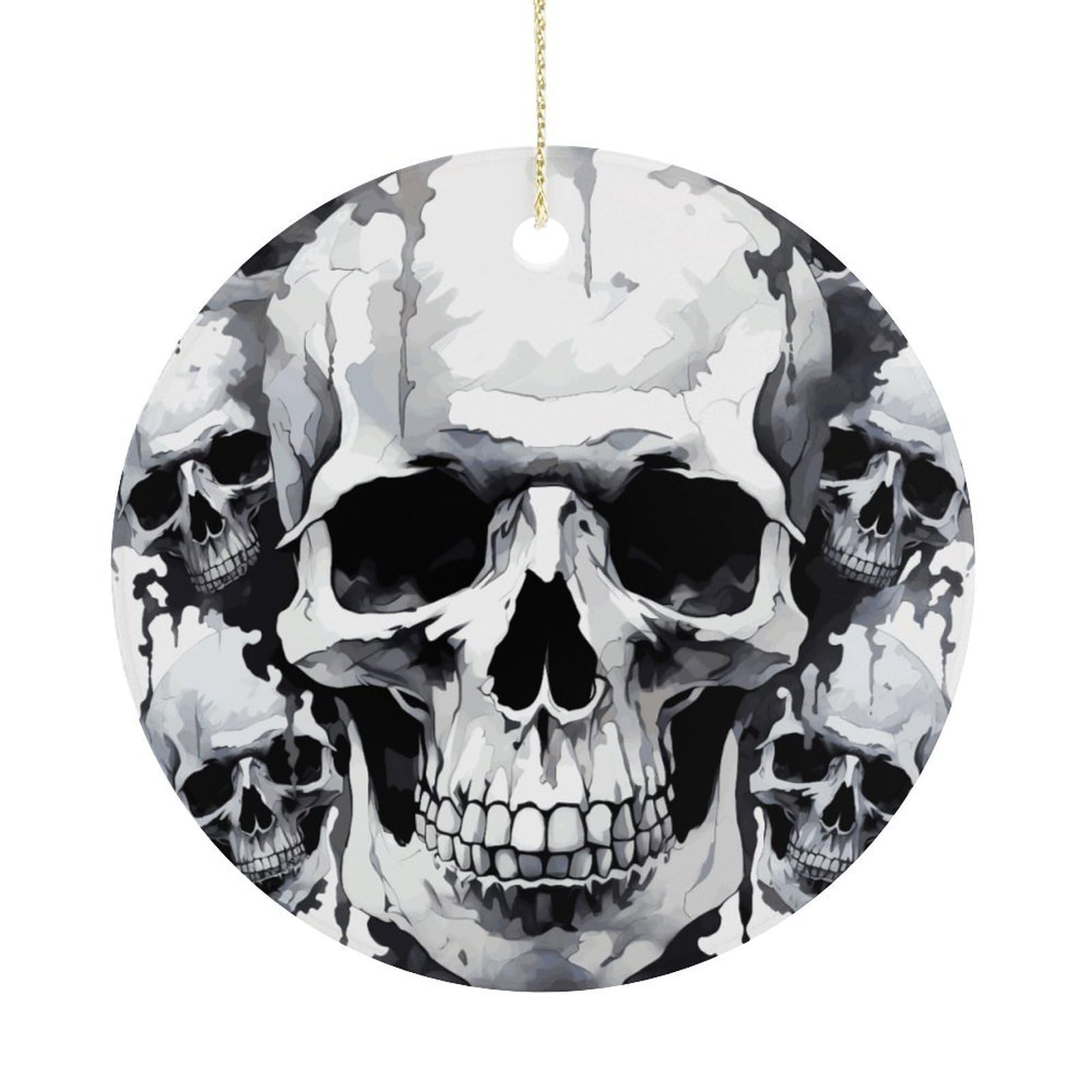 Personalized Christmas Ornaments 2025 Ceramic Hanging White and Gray Skull Graphics Ornaments with Gold String Double-Sided Vintage Holiday Decorations for Tree Mantel Tabletop Xmas Party Favors