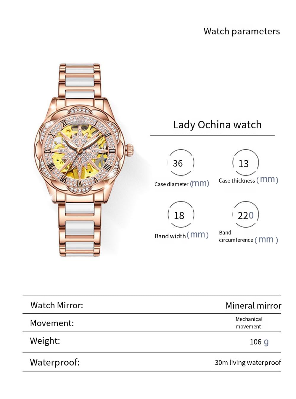 BESTKANG Reloj de pulsera de lujo para mujer, con diamantes de imitación de cerámica, color blanco, reloj mecánico automático para mujer
