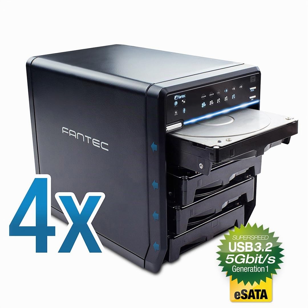 FANTEC QB-35US3R Boîtier pour quatre disques durs externes en RAID (montage de 4 disques durs SATA de 3,5" (8,89 cm), port USB 3.0 et eSATA, fonction RAID, ventilateur de 80 mm asservi à la température), noir