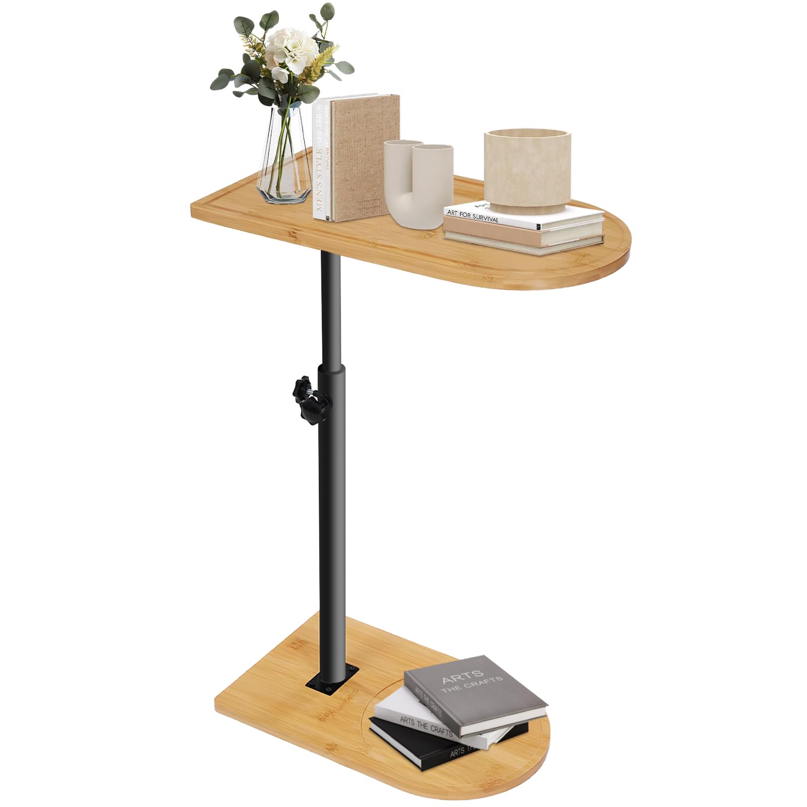 Table d'Appoint en Forme de C Réglable en Hauteur Petite Table Basse Latérale en Bambou et Métal Bout De Canape pour Salon, Salle de Bain, Lit, Canapé et Café (Style 2)