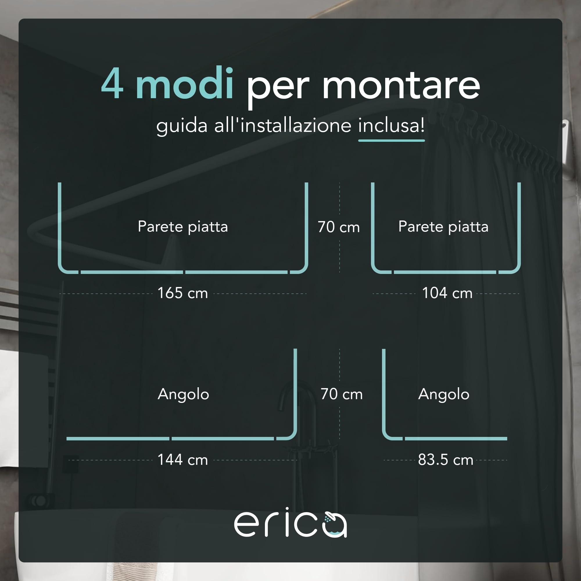 Erica Tubo Tenda Doccia a U, 70x165x70cm, Bastone per Tenda Doccia Angolare senza Supporto Soffitto, Rivestimento in Plastica senza PVC (Black)