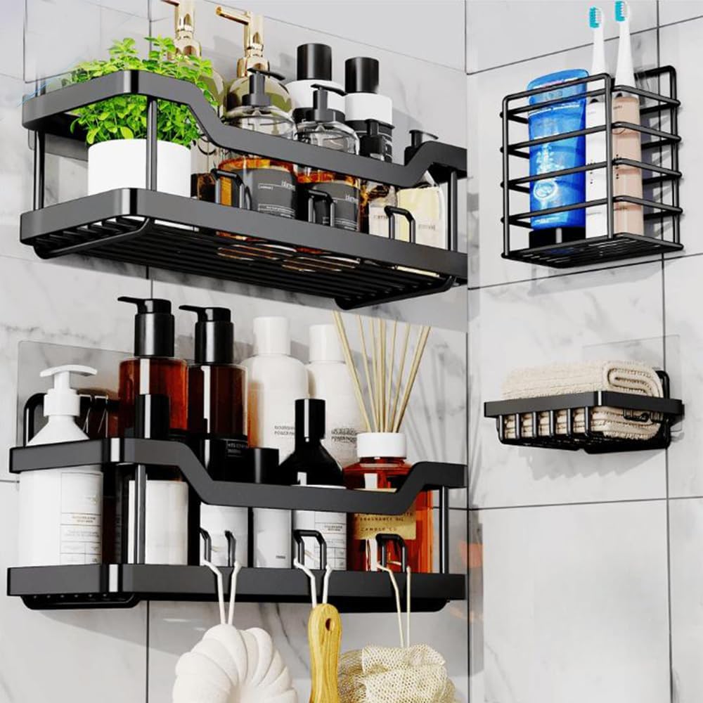 Adhesive Wall Mounted Shower Caddy 4 Pack, No Drilling, Anti-Rust Stainless Steel, Large Capacity Shower Caddy Organizer for Bathroom Storage & Kitchen