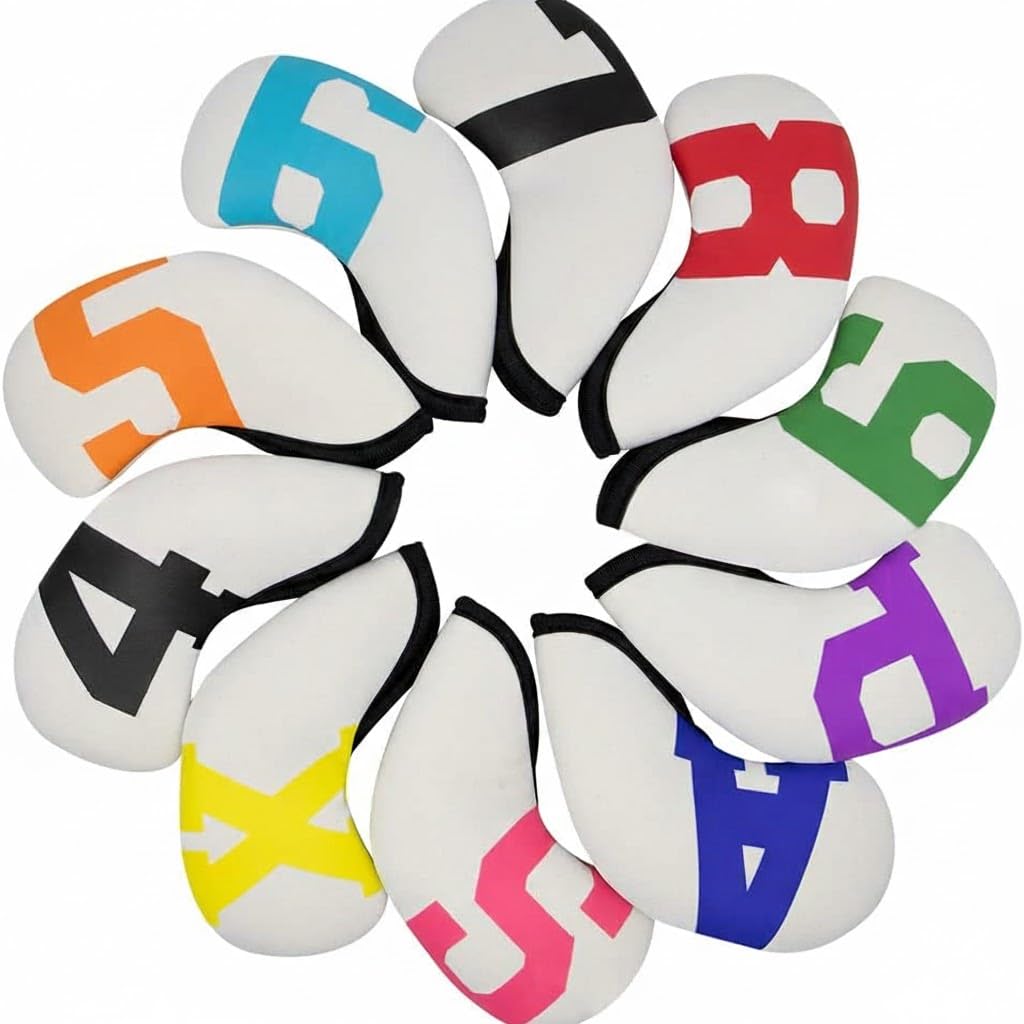 Premium Universal White Neoprene Golf Club Head Covers, 10-Piece Golf Iron Cover Set — Lightweight, Durable, Scratch-Resistant, Waterproof, 4,5,6,7,8,9,P,A,X,S.
