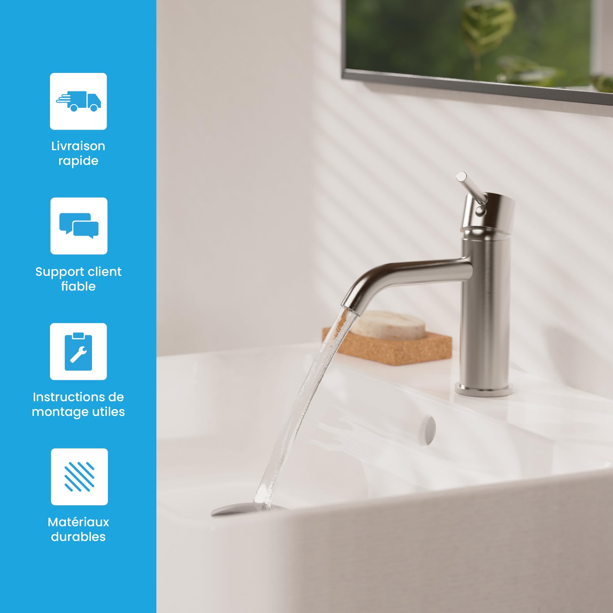 Bächlein Susara Robinet de salle de bain avec bec incurvé, design mitigeur monocommande avec cartouche en céramique durable et kit de montage, robinet de salle de bain en acier inoxydable brossé
