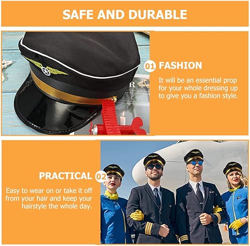 Miniatura 3 de Ciieeo Sombrero de disfraz de capitán, accesorio para sombrero de capitán de yate, gorra de piloto ajustable, Negro -