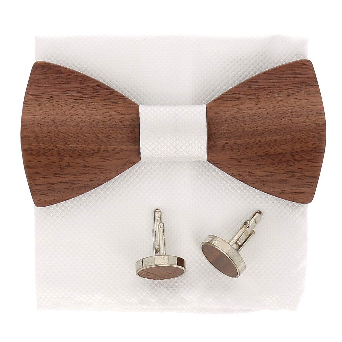 SHIPITNOWDark Wooden Bow Tie and Cufflinks - White Pocket Square - Sold in a box - White Men Wood BowTie