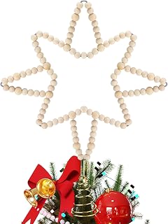 RoundFunny Christmas Beaded Star Tree Topper Farmhouse Decoration 11 Inch Natural Wood Beads Rustic Star Topper for Xmas Holiday Ornament Decor