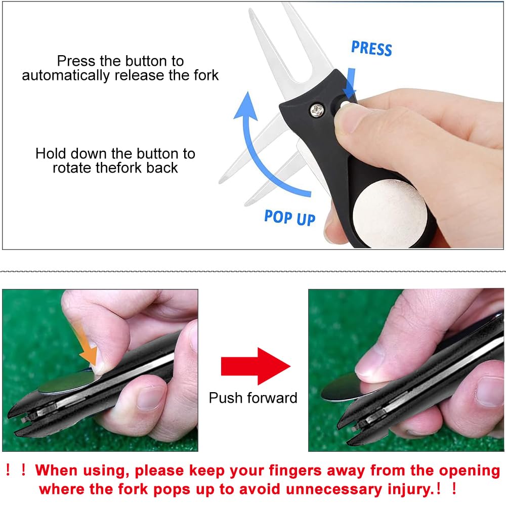 Herramienta de reparación de divot de golf, horquilla de lanzamiento de golf de acero inoxidable con botón desplegable y marcador de bola magnético, herramienta de divot ligera y plegable, para
