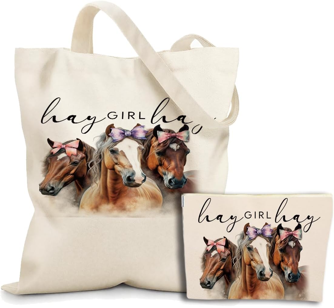 Horse Gifts for Girls Horse Western Accessories Stuff 2pcs Cosmetic Bag Canvas Tote Bag for Women, Beach Grocery Canvas Tote Gifts for Horse Lovers Women Sister Girl Friendship Birthday Christmas