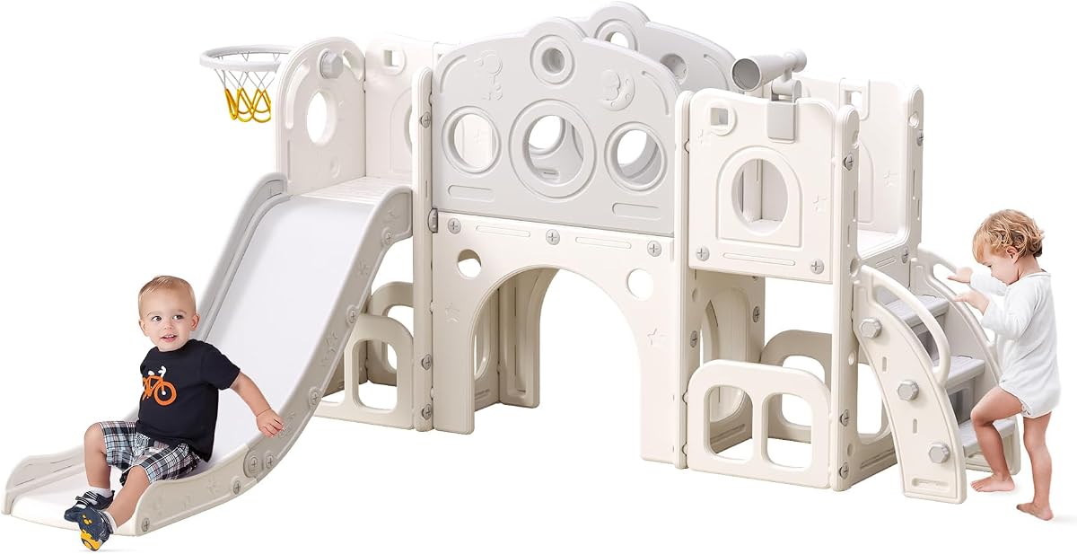 8 in 1 Toddler Slide, Outdoor Indoor Playset for Kids Baby Age 1-3 | Childs Climber Slide with Storage Space and Non-Slip Steps, Basketball Hoopa and Telescope, Grey & White
