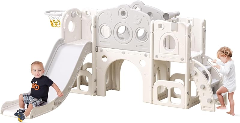 8 in 1 Toddler Slide, Outdoor Indoor Playset for Kids Baby Age 1-3 | Childs Climber Slide with Storage Space and Non-Slip Steps, Basketball Hoopa and Telescope, Grey & White