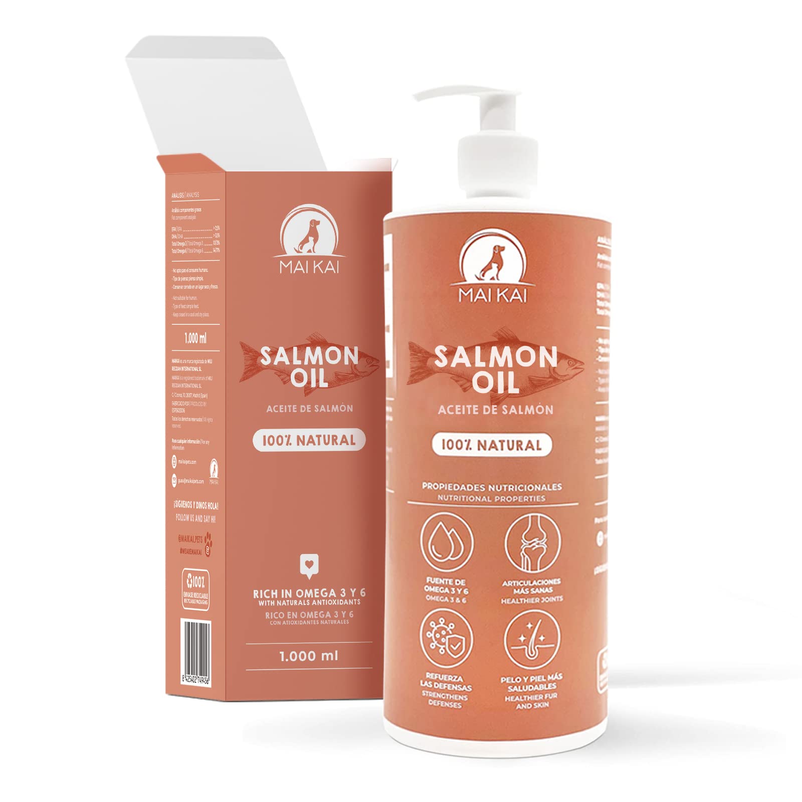MAIKAI Aceite de Salmon para Perros y Gatos 1 L - 100% Natural y Puro - Fuente de Omega 3 y 6 - Antiinflamatorio - Piel Sana y Pelo Brillante - Vitaminas y Calcio - Articulaciones y Defensas