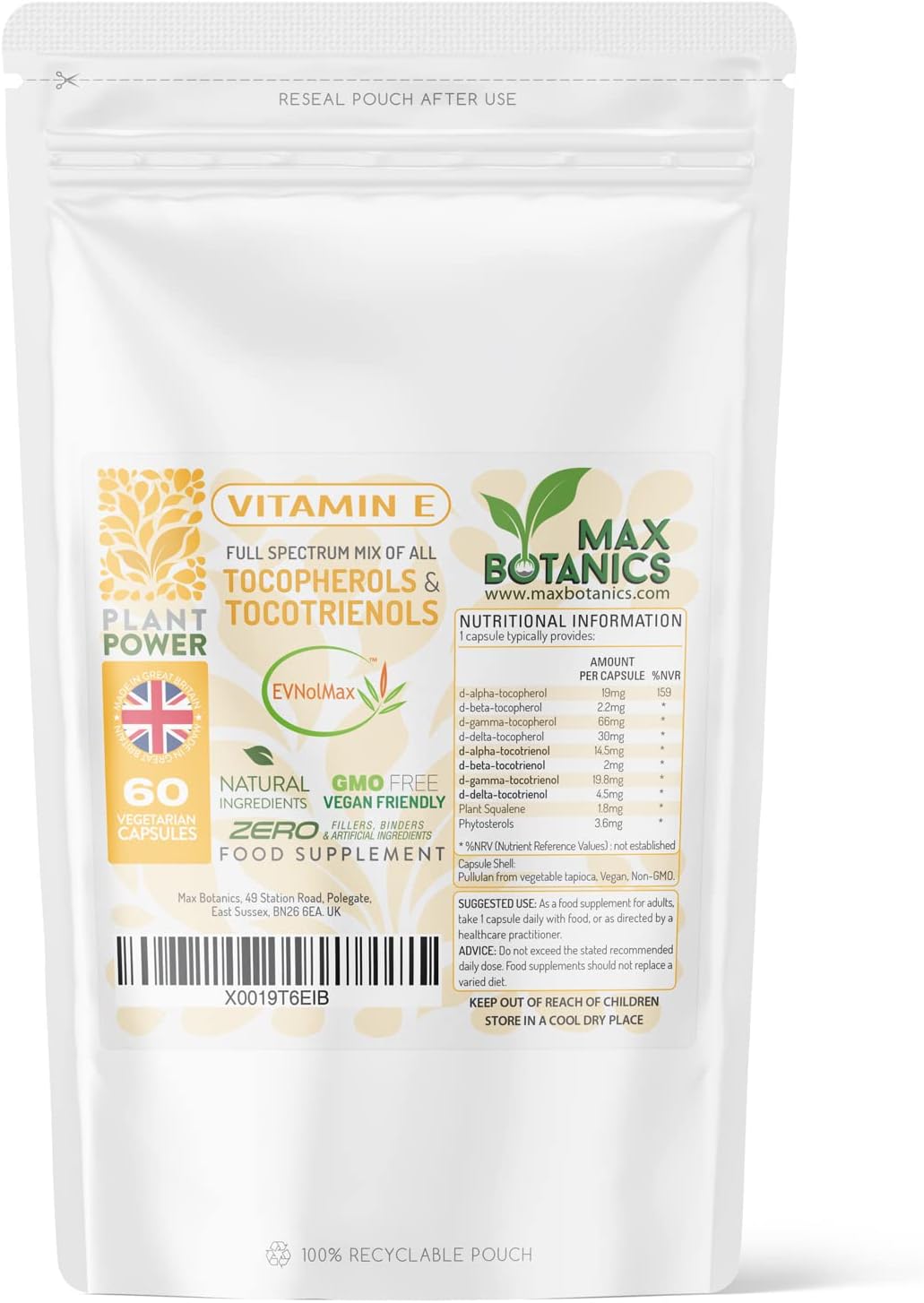 Max Botanics Full Spectrum Vitamin E Capsules – Plant-Based Tocopherols & Tocotrienols – Antioxidant Support for Skin, Immune & Cardiovascular Health – 60 Vegan Capsules for Adults, Vegans