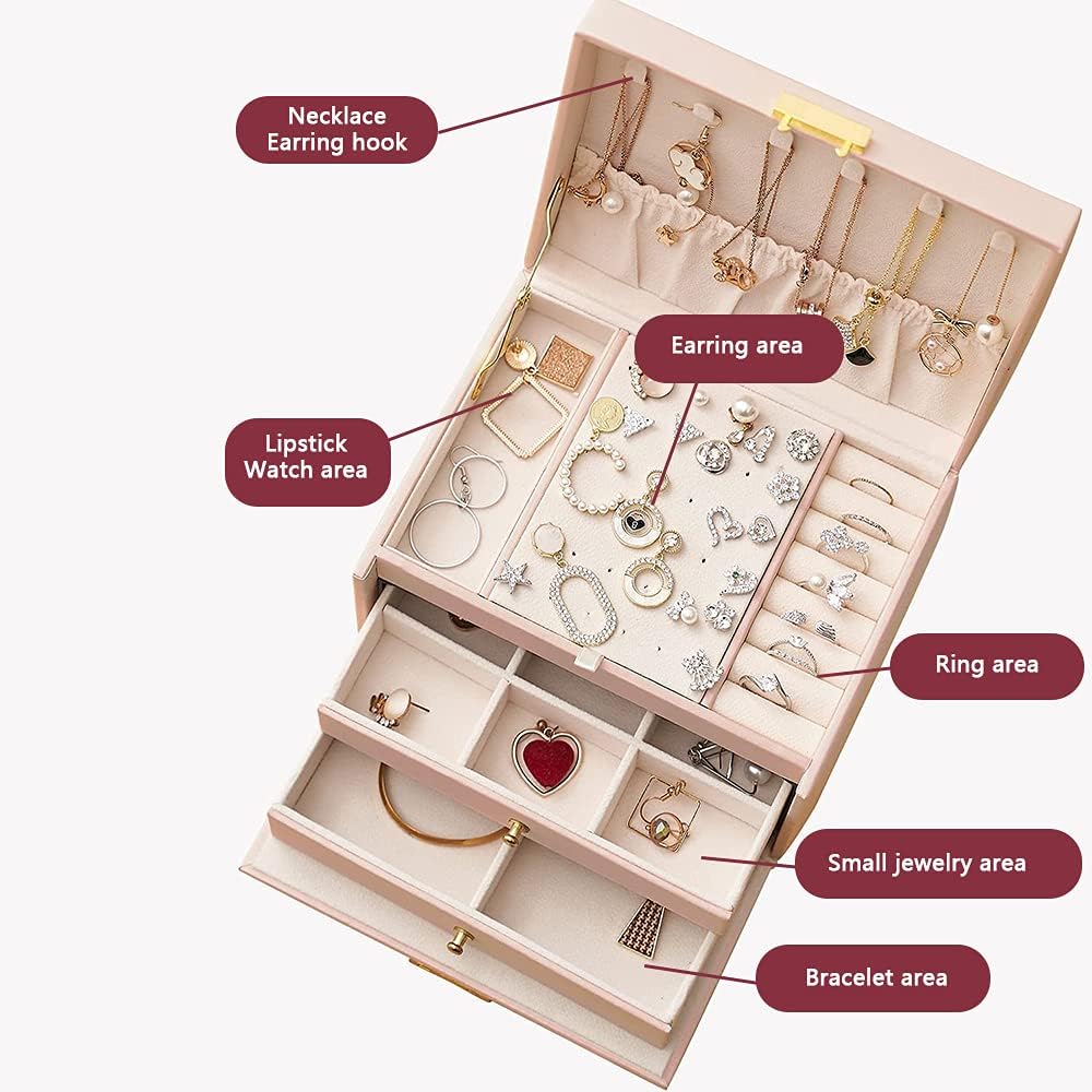 Portable Jewelry Box with Lock, 3 Layer Jewelry Organizer Case for Women Girls, Suitable for Earrings, Bracelets, Rings, Watches and Accessories Storage and Display (Navy Blue)