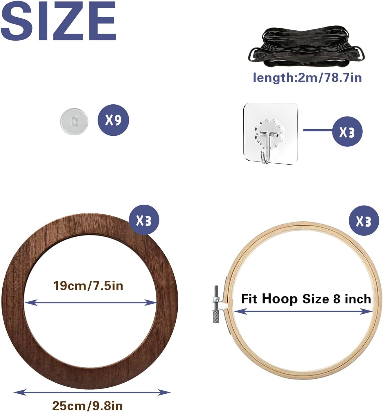 3 Sets Solid Wood Embroidery Frames with Bamboo Hoops, 8 Inch Round Embroidery Display Frame Set for Finished Cross Stitch and DIY Art Craft Sewing Ornaments