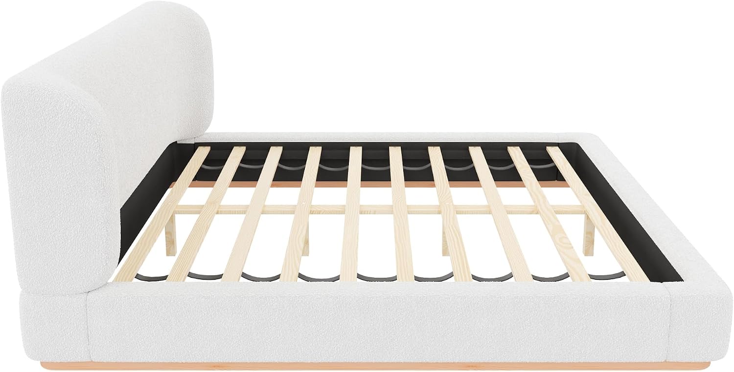 Harper & Bright Designs Queen Size Bouclé Upholstered Bed Frame, Modern Platform Bed with Upholstery Headboard, Low Profile Bed Frame with Wood Slat Support, No Box Spring Needed，White