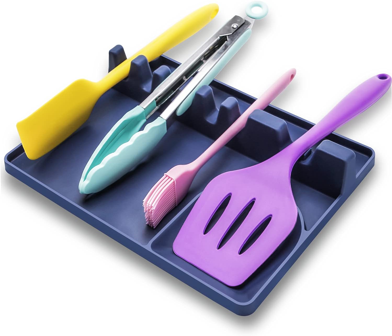 Silicone Spoon Rest with Drip Pad for Multiple Utensils,Spoon Holder for Stove top 2 in 1 Larger Size Kitchen Utensils Holder Heat-Resistant Non- Slip Ladles Holder(Blue)