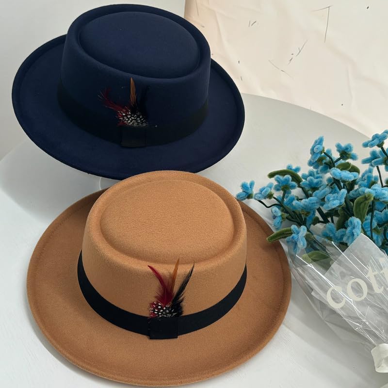 Classic Pork Pie Hat with Feathers Flat Top Fedora, Vintage Panama Hats, Warm Comfortable Jazz Cap - Image 4