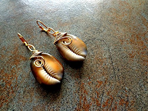 Men Cowrie Shell Earrings Brown Cowrie Shell Wire Wrapped Earrings