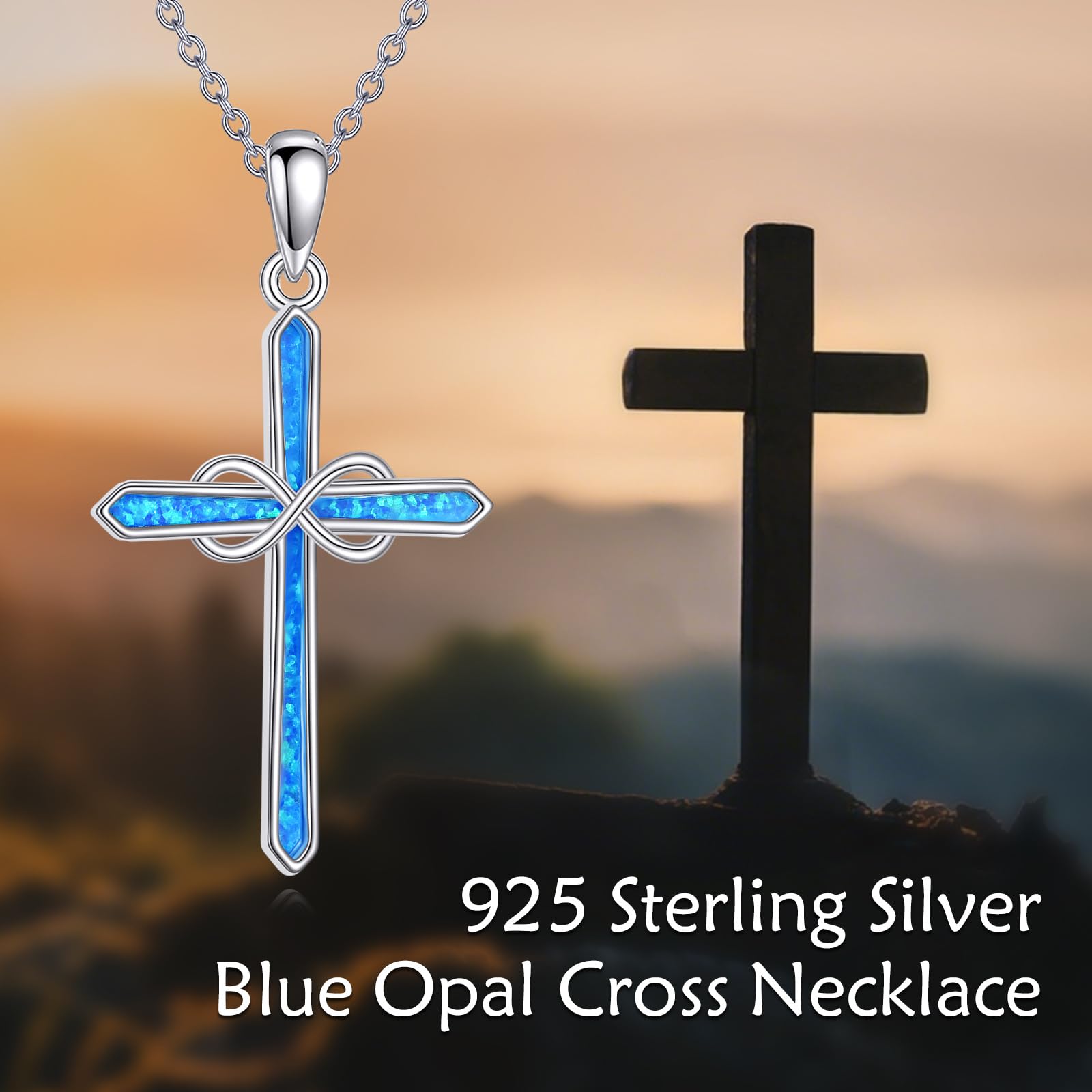 DAYLINLOVE Nieskończony krzyż naszyjnik ze srebra wysokiej próby 925, niebieski opal, wisiorek w kształcie krzyża, prosta biżuteria religijna, nieskończona wiara, amulet ochronny dla kobiet